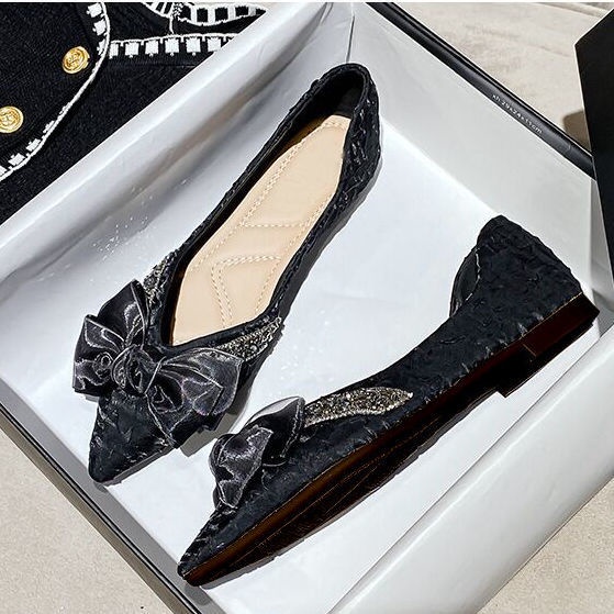 Giày búp bê mũi nhọn đế mềm đính nơ thời trang mùa hè dành cho nữ 2022