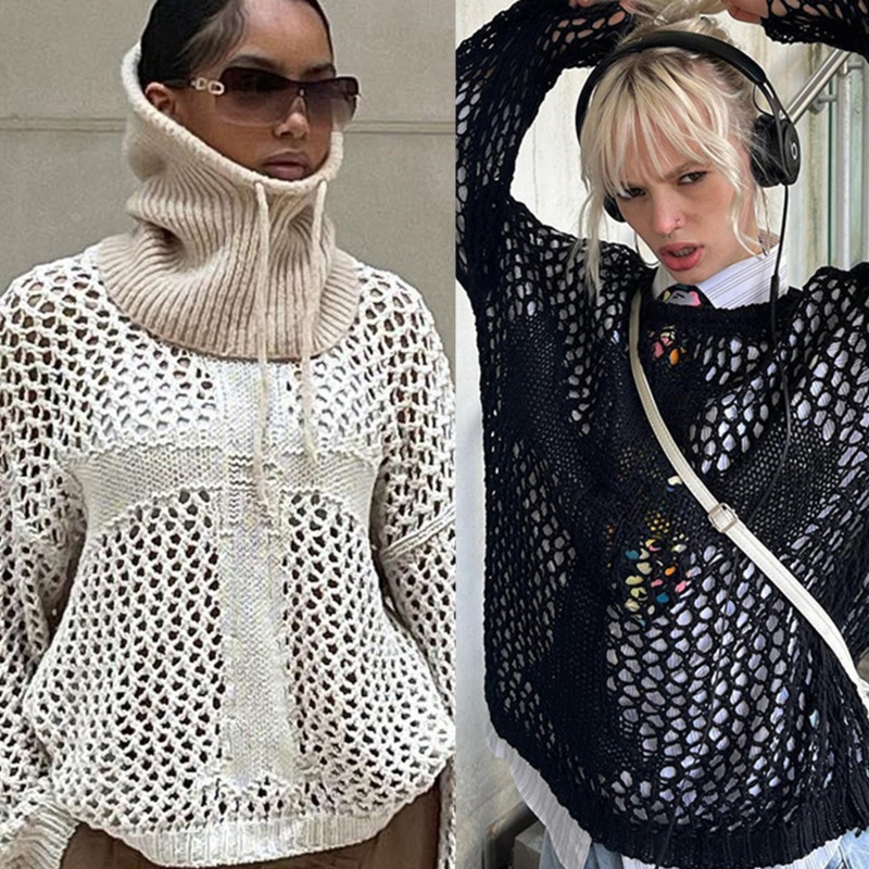 Brroa Áo Sweater Dệt Kim Chui Đầu Dáng Rộng Khoét Rỗng Đan Chéo Cho Nữ