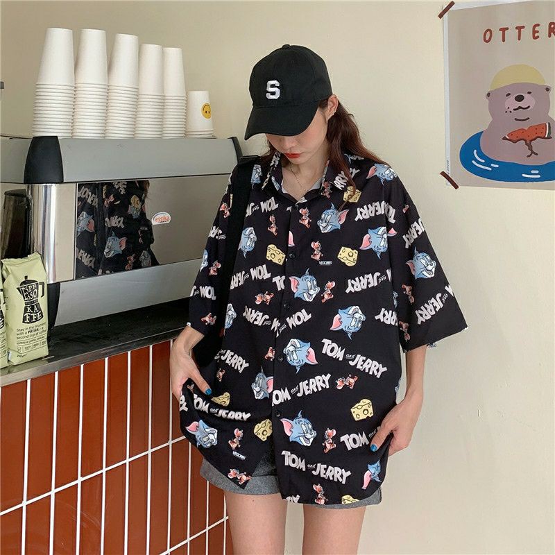 áo sơ mi nữ unisex in hoạt tiết hoạt hình tom and jerry