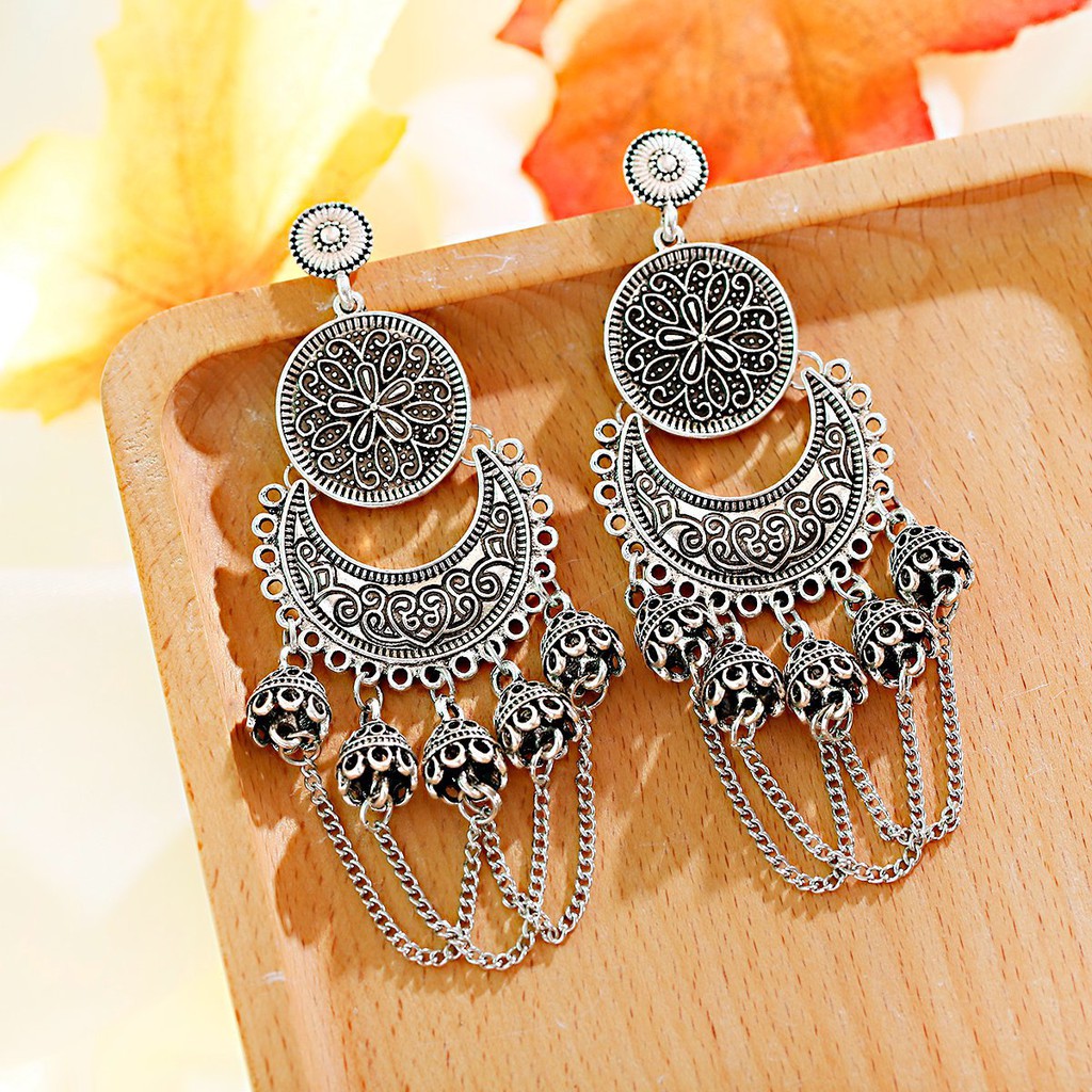 Bông tai đôn hoàng thả dài phong cách boho, Mông Cổ - Tây Tạng