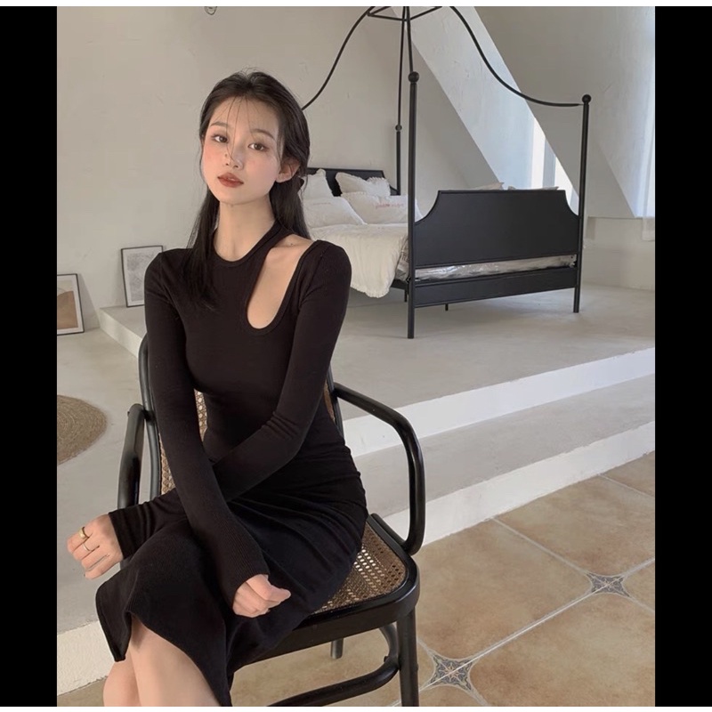 Váy body khoét bên vai gợi cảm dài tay váy trung siêu hot hàng quảng châu xịn SP000729