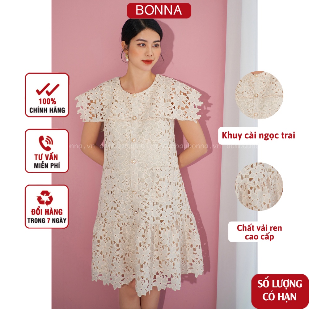 Đầm bầu thiết kế BONNA vải ren hoa cao cấp, dáng suông A xòe mặc đi dự tiệc, đi sự kiện thanh lịch, quý phái VS122