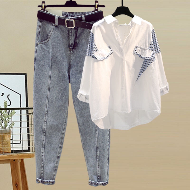 Set Áo Sơ Mi Phối Quần Jean Thời Trang Mùa Thu 2022 Plus Size Cho Nữ