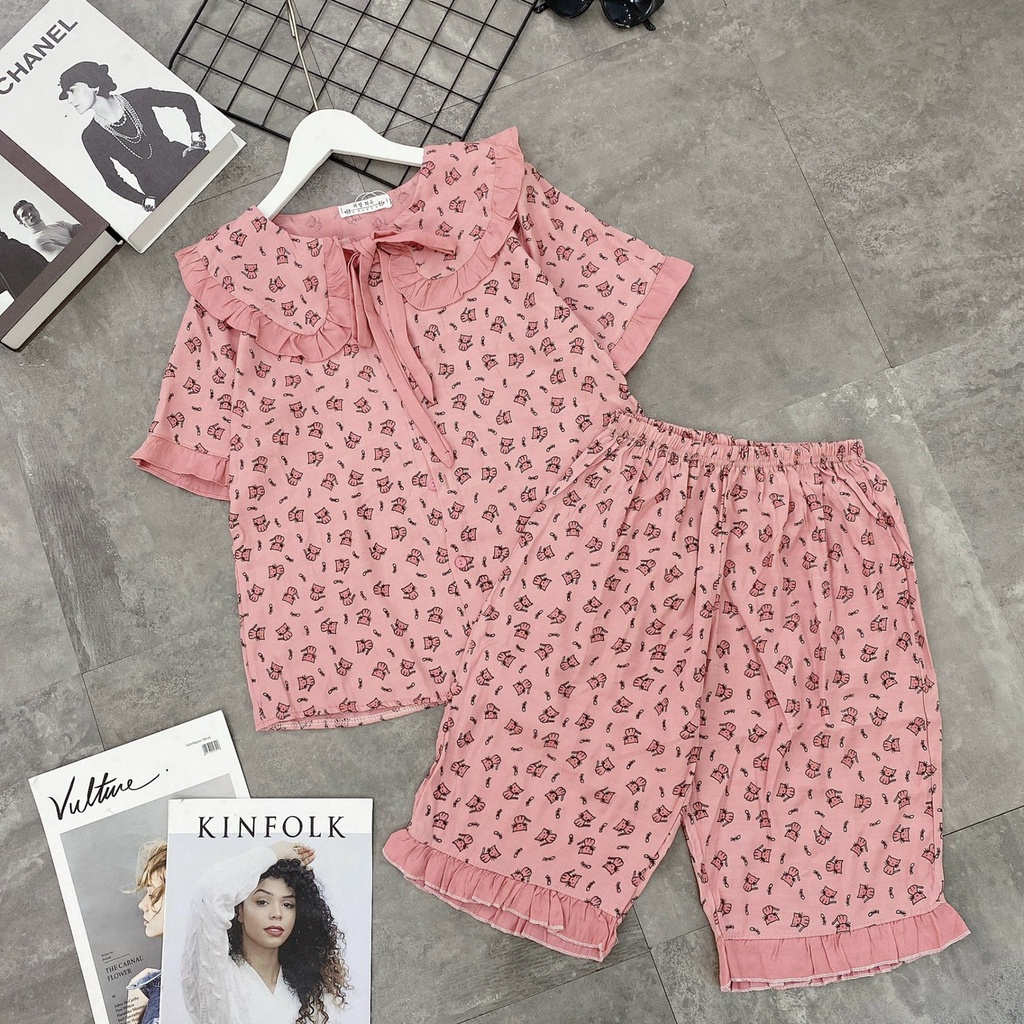 Bộ đồ mặc nhà ngố chất đũi họa tiết hoa nhí