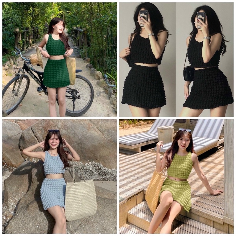 SET CROP 3 LỖ + CHÂN VÁY THUN XỐP
