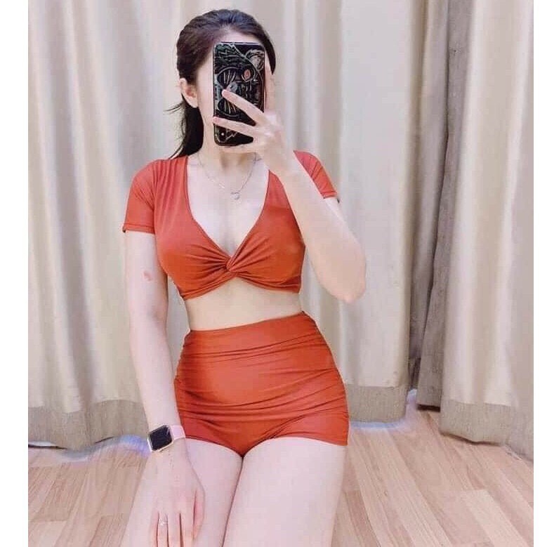 bikini 2 mảnh quần cạp cao, áo croptop tay con- che khuyết điểm cực tôn dáng- bikini129k | BigBuy360 - bigbuy360.vn