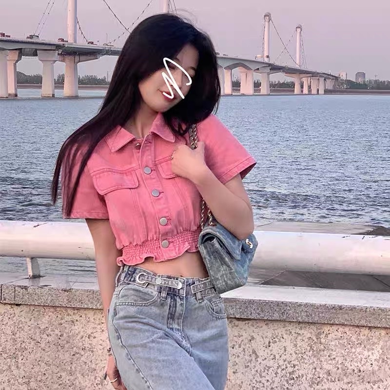 Áo Jean cổ kiểu sơmi túi hộp nữ tay ngắn croptop phối quần Ống rộng