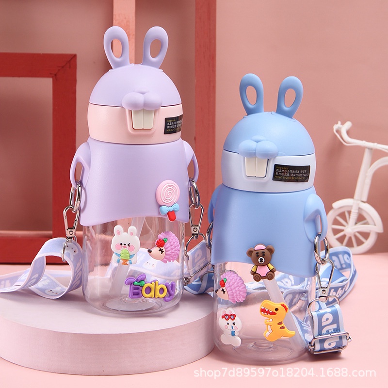 Bình Nước Cho Bé Có Ống Hút Hình Thỏ Dễ Thương, Bình Đựng Nước 600ml - TẶNG STICKER 3D