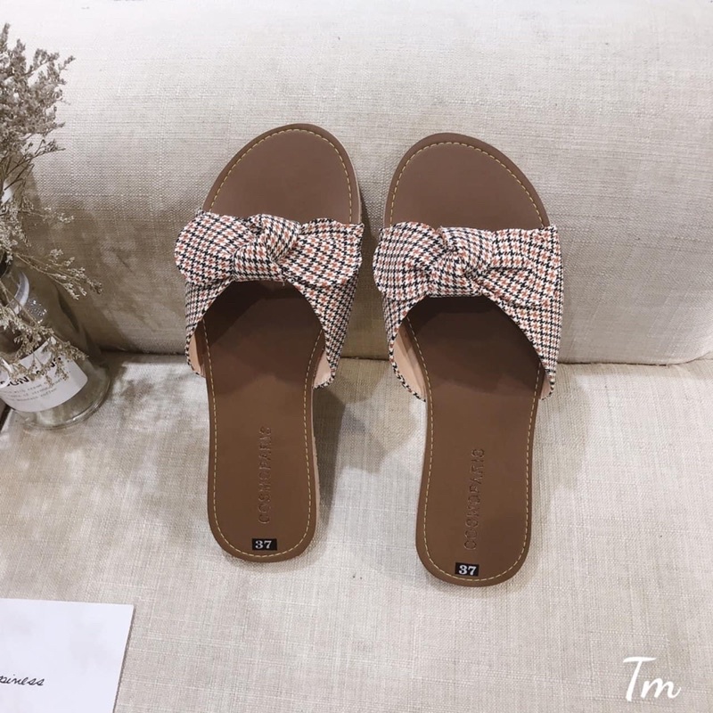 Dép nâu buộc nơ kẻ vintage siêu đẹp