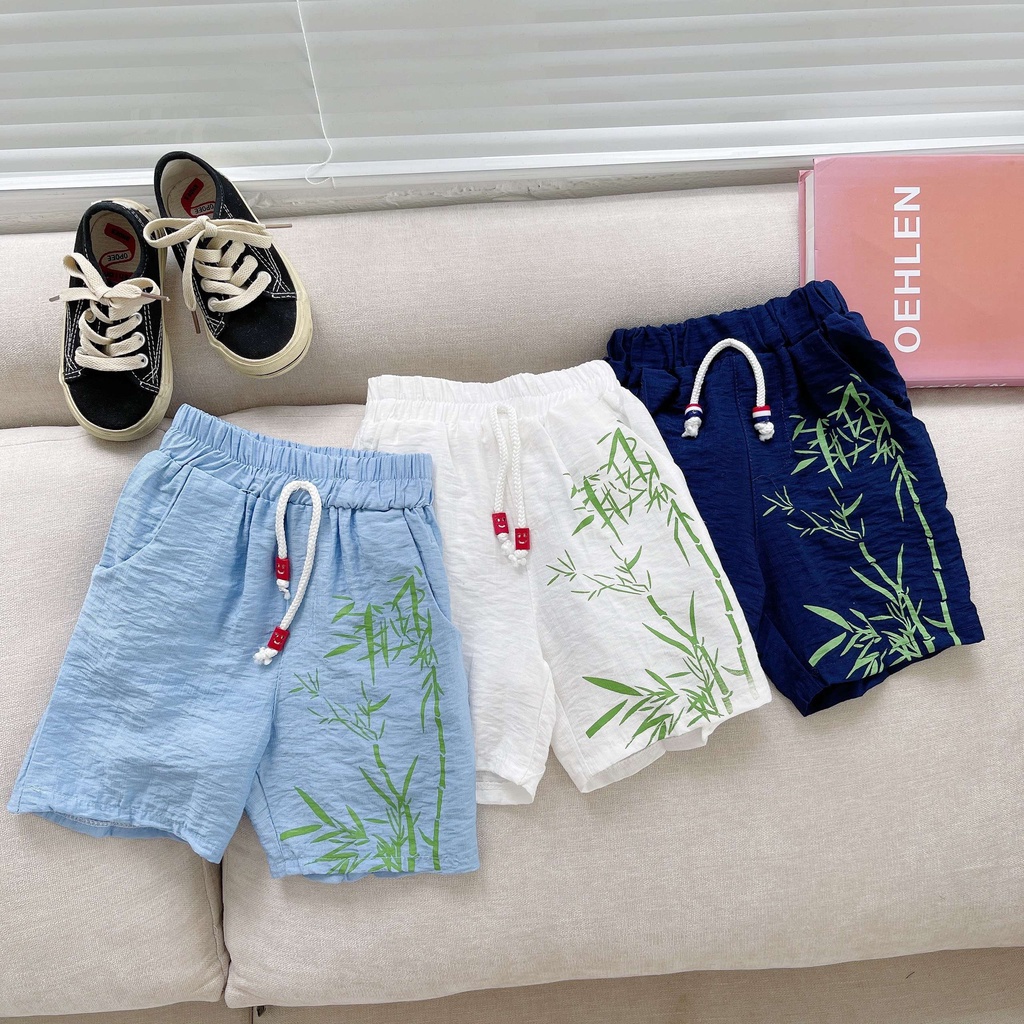 Bộ đồ bé trai cộc tay vải đũi in hình cây tre quần đùi cho trẻ mặc đi chơi SUMO KIDS Quần áo trẻ em