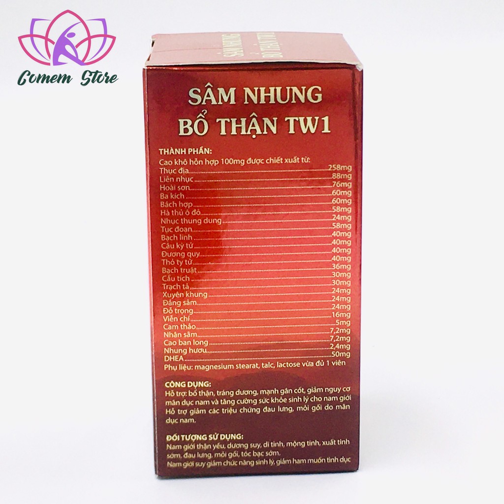 SÂM NHUNG BỔ THẬN TW1 HỘP 1 LỌ 30VIÊN BỔ SUNG VITAMINTỐT CHO CƠ THỂ