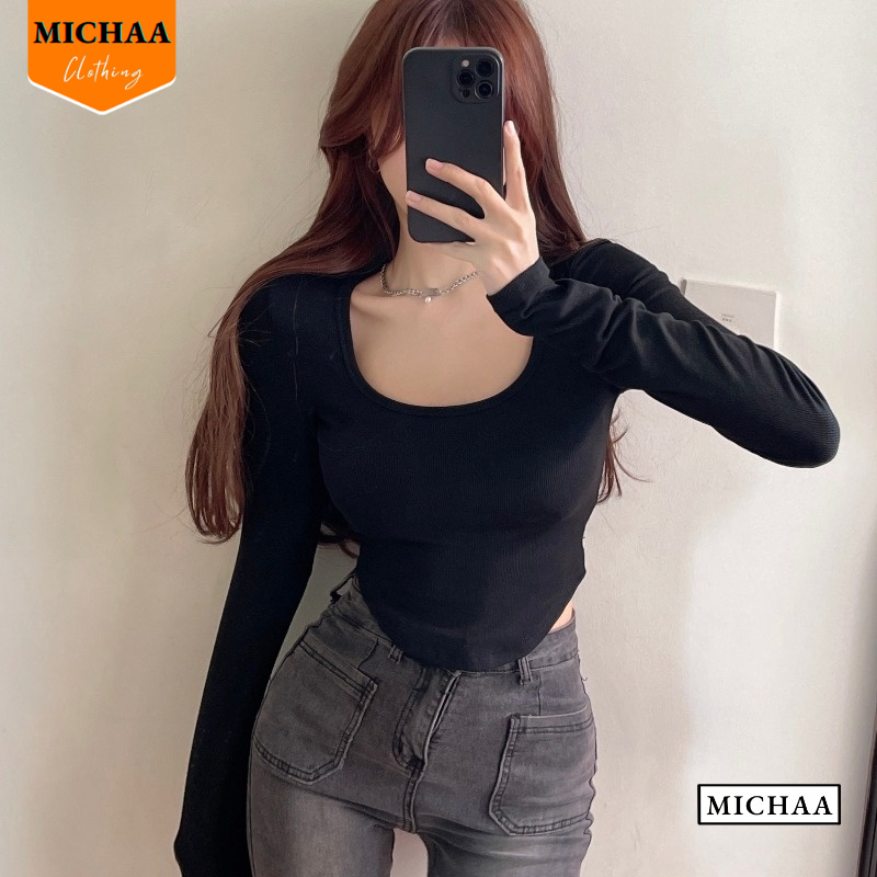 Áo Croptop Nữ Cổ U Tay Dài VẠT BẦU Ôm Body, Áo Thun Croptop Kiểu Sexy Chất Gân - MICHAA CR13