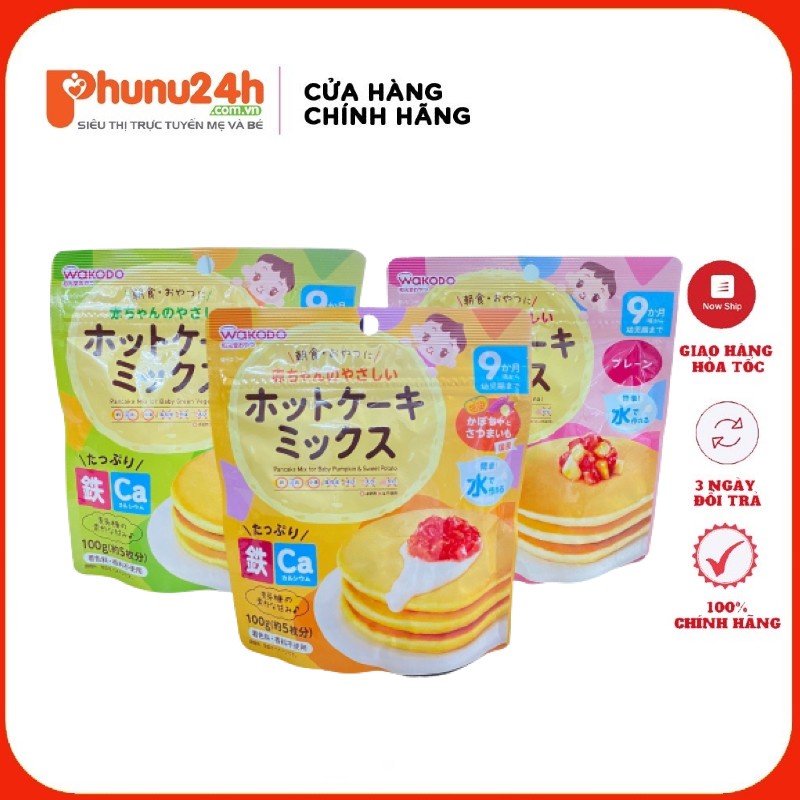 Bột bánh Pancake Wakodo Nhật Bản 100g bổ sung sắt và canxi cho bé từ 9 tháng [Date T8/2023]