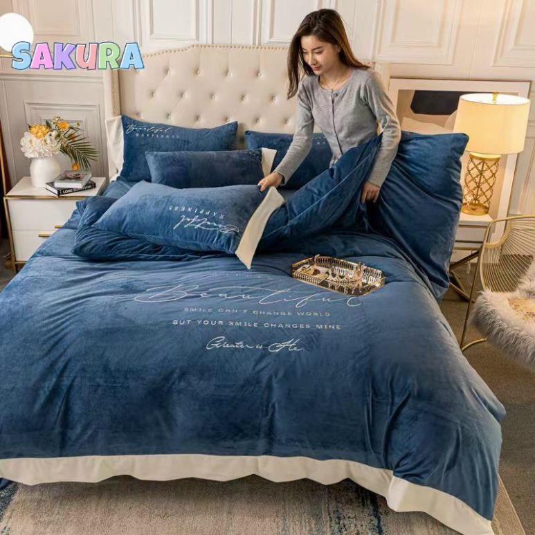 SIÊU SALES- Bộ Chăn Ga Nỉ Nhung Mịn Happiness of Life Mềm Mại - Bộ Chăn Ga Nỉ Nhung Len Cao Cấp Nhập Khẩu
