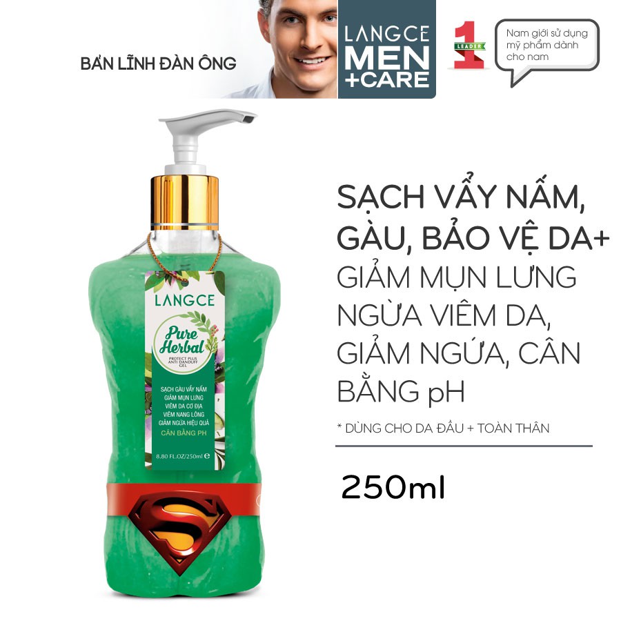 Gel Tắm Gội Ngăn Ngừa Gàu, Vấy Nấm Bảo Vệ Da, Ngừa Mụn Lưng 250ml LANGCE TẶNG Tinh dầu Massage Titan "Cậu nhỏ" 10ml