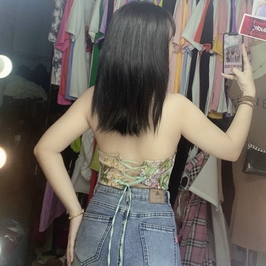 Yếm thổ cẩm sát nách cổ bẻ hở lưng đan dây cực hot hit , chất thổ cẩm dày dặn mềm