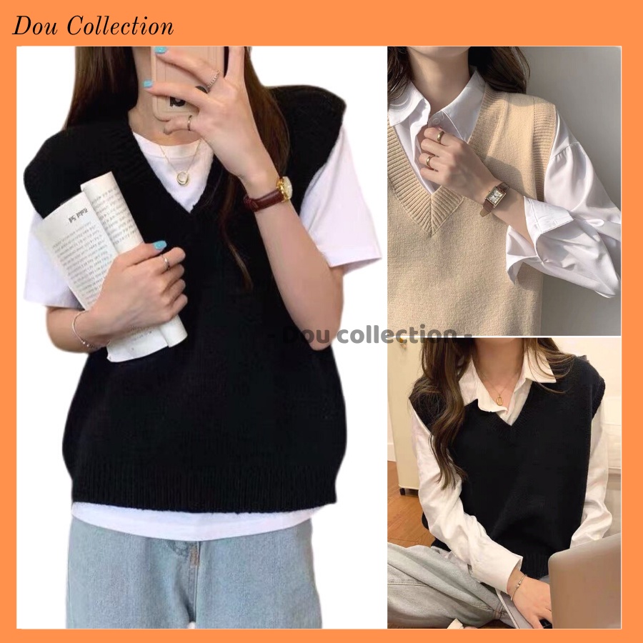 [Nowship2h] Áo Gile Len Trơn Vintage Áo Len Không Tay Cổ V Cá Tính Phong Cách Hàn Quốc Thời Trang Thu Đông - Mã TA004