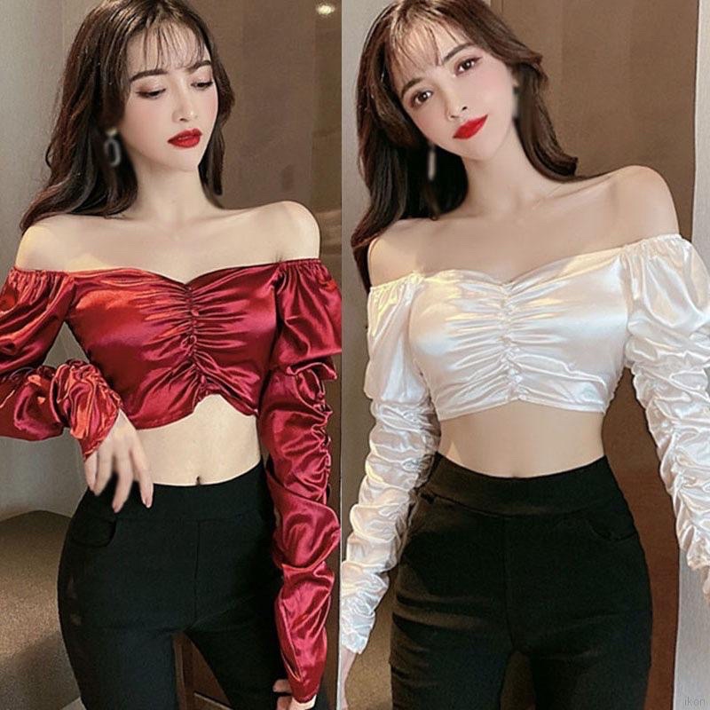 Áo Lửng Lệch Vai Tay Phồng Phong Cách Quyến Rũ Dành Cho Nữ