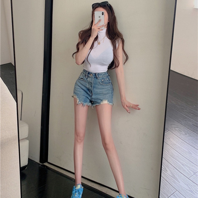 Quần Short Denim Lưng Cao Siêu Quyến Rũ Cho Nữ