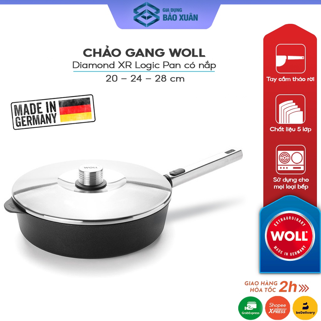 Chảo gang Woll Diamond XR Logic 1728PLCIL có nắp Chảo chống dính bếp từ - Made in Germany