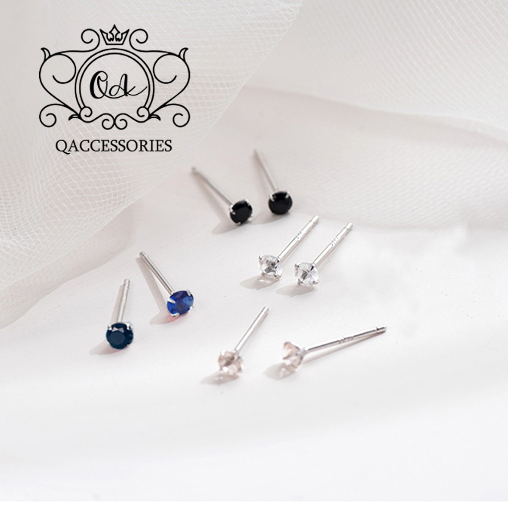 Bông tai bạc nụ đá nhỏ nam nữ 4 chấu khuyên tai mini trắng đen xanh S925 MINIMAL Silver Earrings QA SILVER EA200603