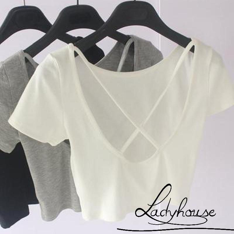 Áo Thun Croptop Tay Ngắn Màu Sắc Trơn Thiết Kế Hở Lưng Thời Trang Quyến Rũ Cho Nữ