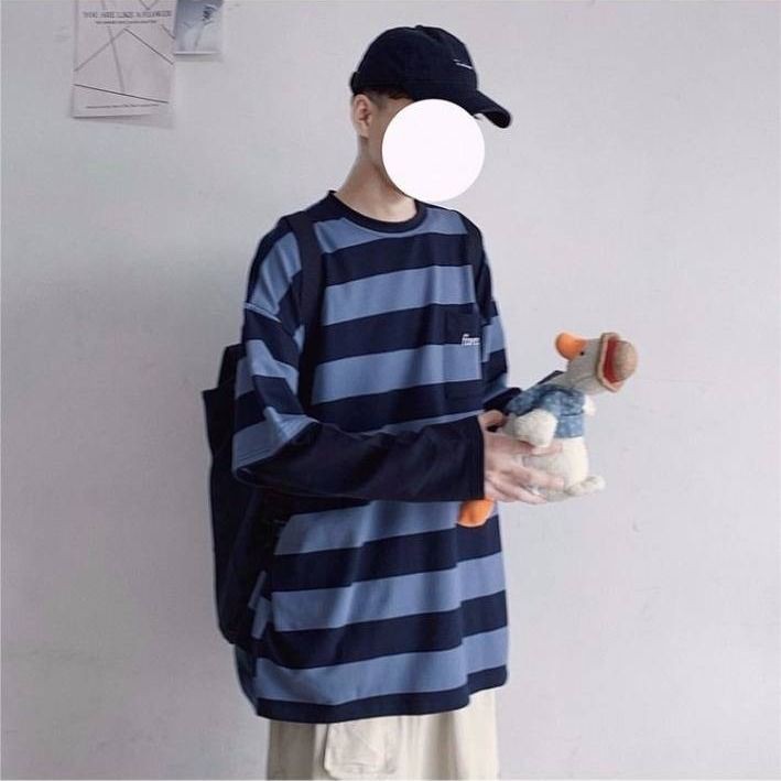 Áo thun tay dài giả 2 lớp dáng suông kẻ sọc ngang trẻ trung hợp thời trang Hàn Quốc