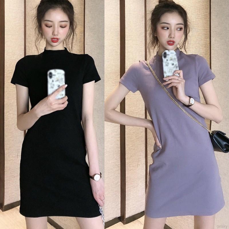 Đầm Body Tay Ngắn Cổ Tròn Màu Trơn Phong Cách Hàn Quốc