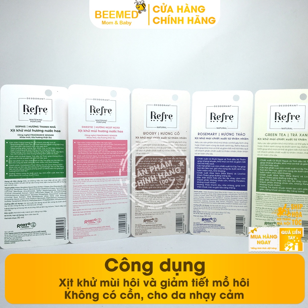 Lăn nách Refre và Xịt lăn khử mùi hôi, hương tự nhiên và hương nước hoa, trà xanh, giảm tiết mồ hôi