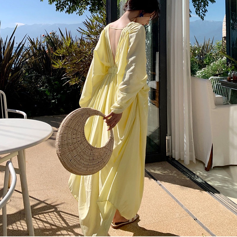 Đầm Dài Tay Màu Vàng Thời Trang Đơn Giản Cho Nữ