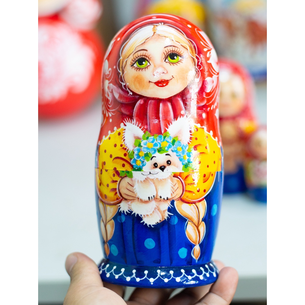 (CÓ VIDEO TỰ QUAY) BỘ BÚP BÊ NGA MATRYOSHKA 5 LỚP 18CM &quot;MISA ÔM THÚ CƯNG&quot; CỰC ĐẸP VÀ DỄ THƯƠNG HÀNG NGA CHÍNH HÃNG
