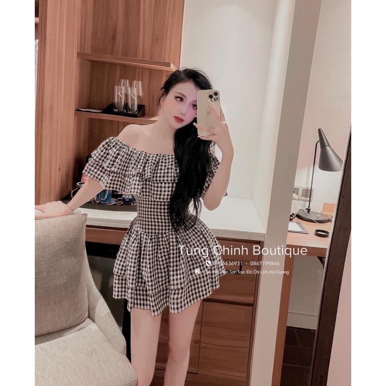 (Free Ship) Đầm Ford Caro Trễ Vai Xinh Tựa Tiên Nữ UP Valetina Shop