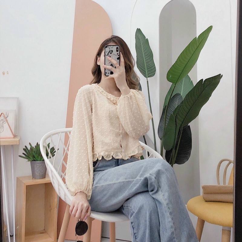 Áo hoạ tiết bi nổi tay dài phối bèo siêu xinh Sun Fashion