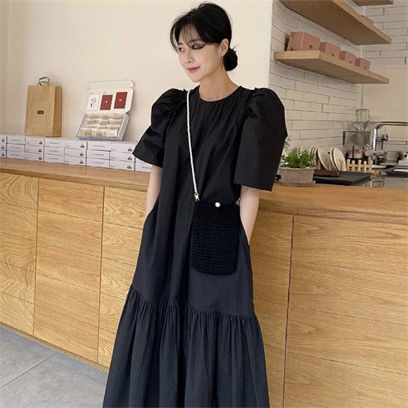 Đầm dài dáng rộng 2 tầng tay phồng màu trơn cho nữ đơn giản Hàn Quốc