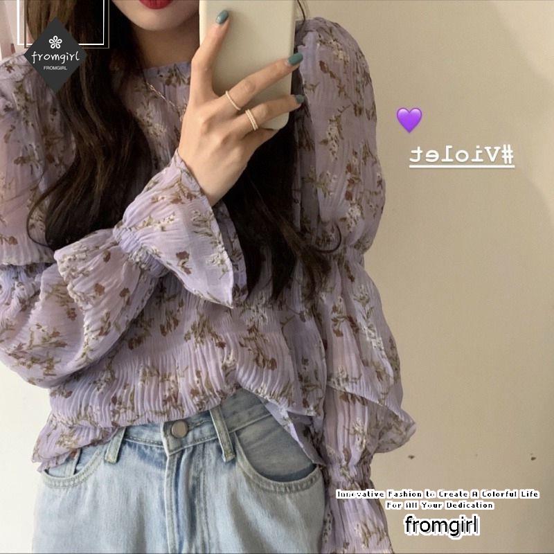 Áo sơ mi chiffon mỏng tay dài dáng rộng in hoa tím kiểu Hàn Quốc thời trang xuân thu 2020