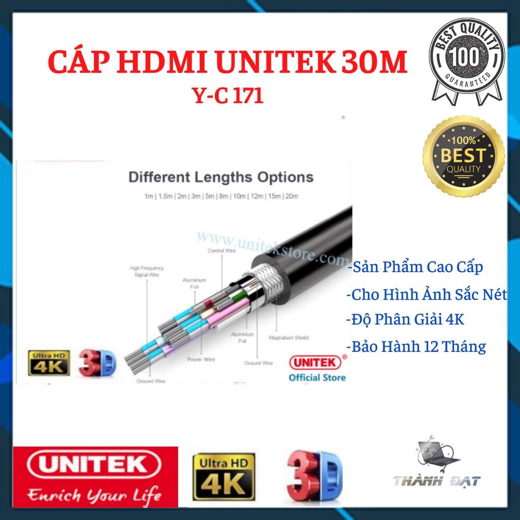 Cáp HDMI Unitek 30m Y-C171 - hỗ trợ 4K Ultra HD và 3D, Có IC Khuếch đại tín hiệu