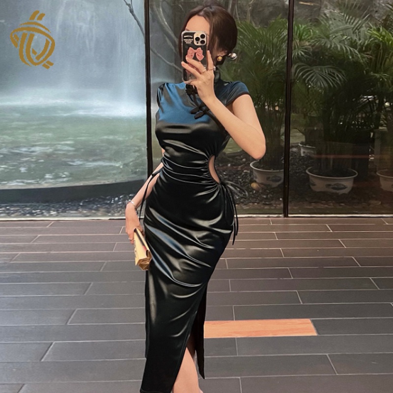Sexy hollow-out waist drawstring improved cheongsam dress feminine French temperament slimming dress