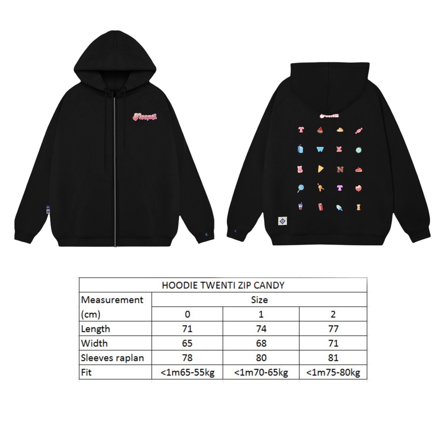 HOODIE TWENTI ZIP NỈ COTTON PHIÊN BẢN KẸO NGỌT ĐEN | BigBuy360 - bigbuy360.vn