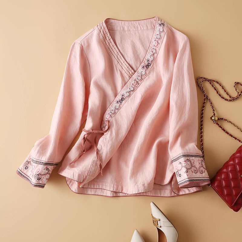 Áo Kiểu Vải Lanh Cotton Dáng Rộng Thêu Họa Tiết Thổ Cẩm Truyền Thống Thời Trang Mùa Hè Cho Nữ Z