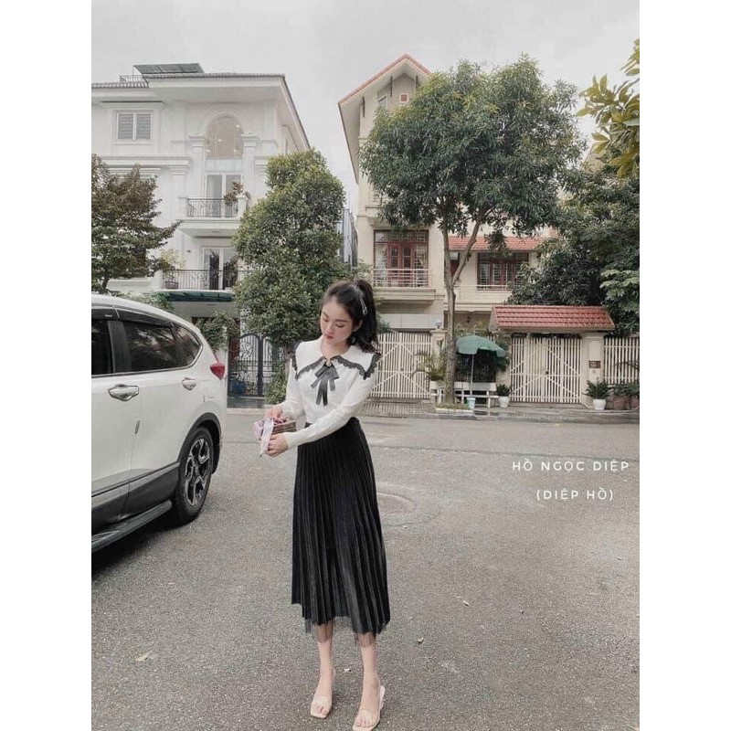 Váy midi xếp ly _ chân phối ren