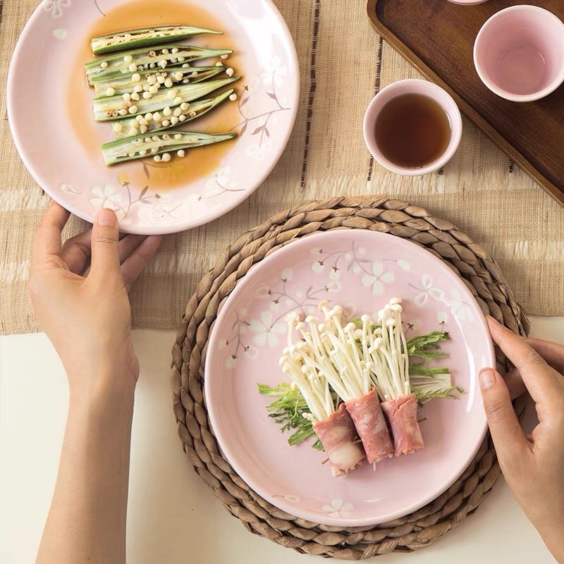 Bộ bát đĩa lẻ gốm Nhật màu hồng hoạ tiết hoa anh đào