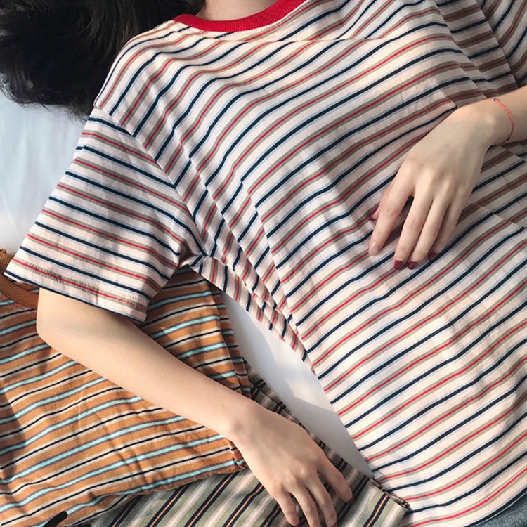 SUXI Áo Thun Ngắn Tay Họa Tiết Kẻ Sọc Phong Cách Hàn Quốc Hàng Mới Dành Cho Nữ