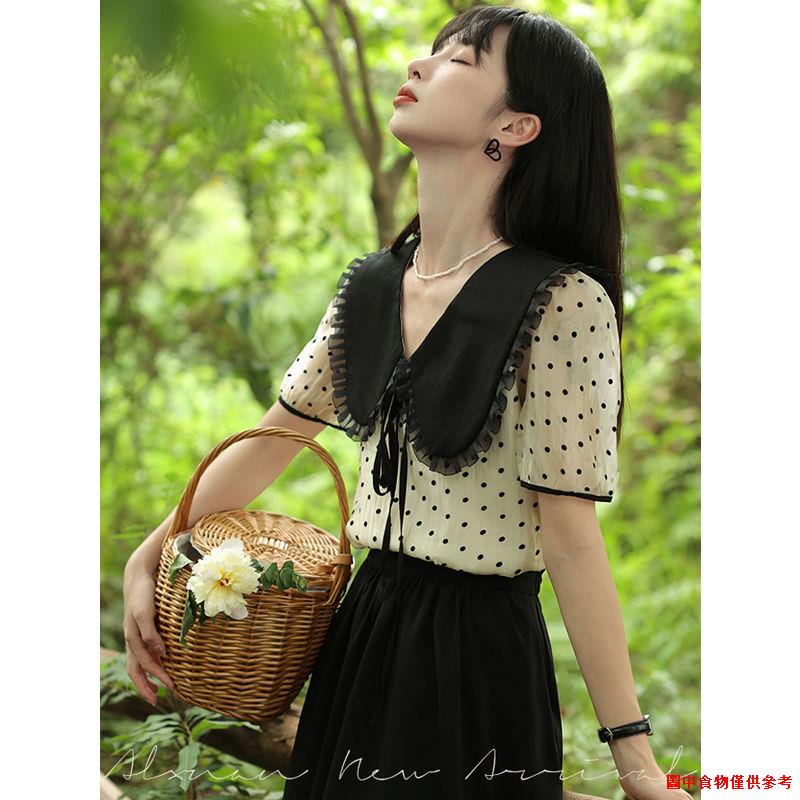 Hàng Mới Về Phụ Kiện Trang Trí Hình Dạng Độc Đáo◊Áo Sơ Mi Tay Lửng Dáng Rộng Cổ Búp Bê Họa Tiết Chấm Bi Thời Trang Mùa Hè 2022