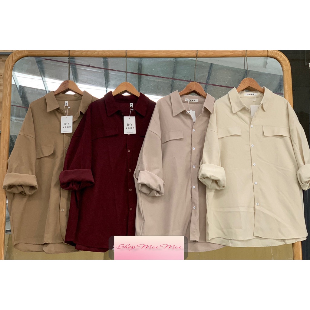 Áo Sơ Mi Dài Tay Thô 2 Nắp Túi Trước Form Rộng Basic Vạt Đuôi Tôm - Thời Trang Nữ Shop Miu Miu