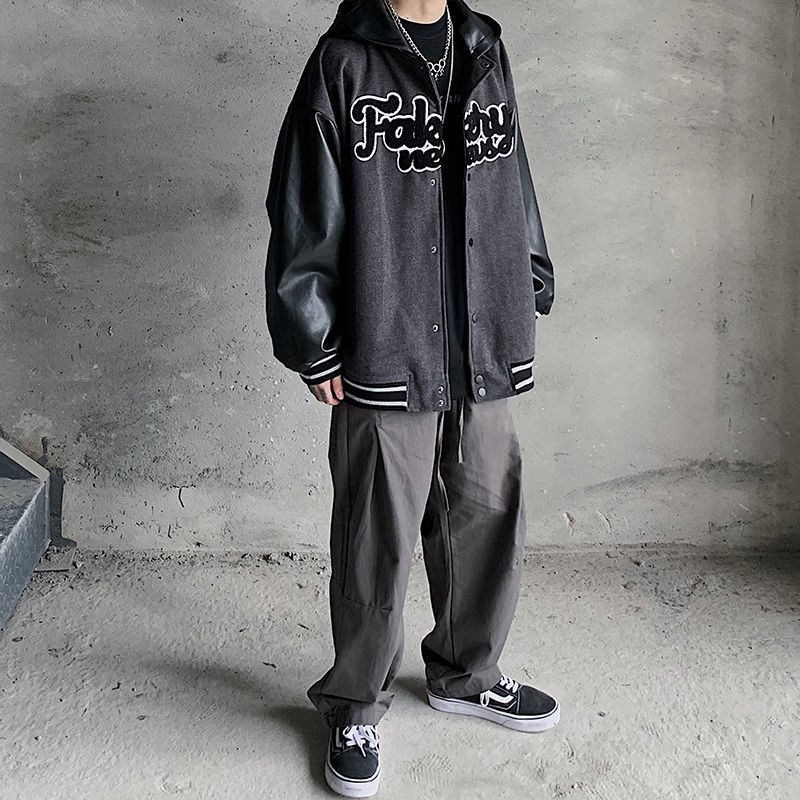 ♞AFF LIGA♞ Áo khoác bomber thêu chữ phong cách hip hop thời trang Hàn Quốc cho nam