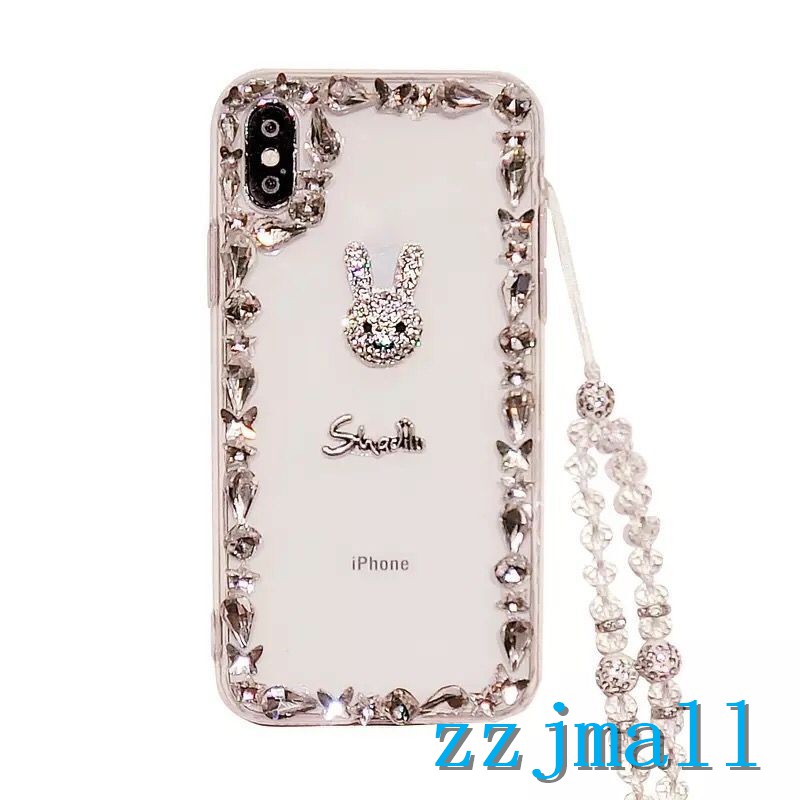 Ốp điện thoại in hình thỏ đính đá quý + dây cho Samsung S22 S21 S20 Ultra S10 S9 S8 Plus S10E Note 20 Ultra 10 Pro 9 8 M51 M31