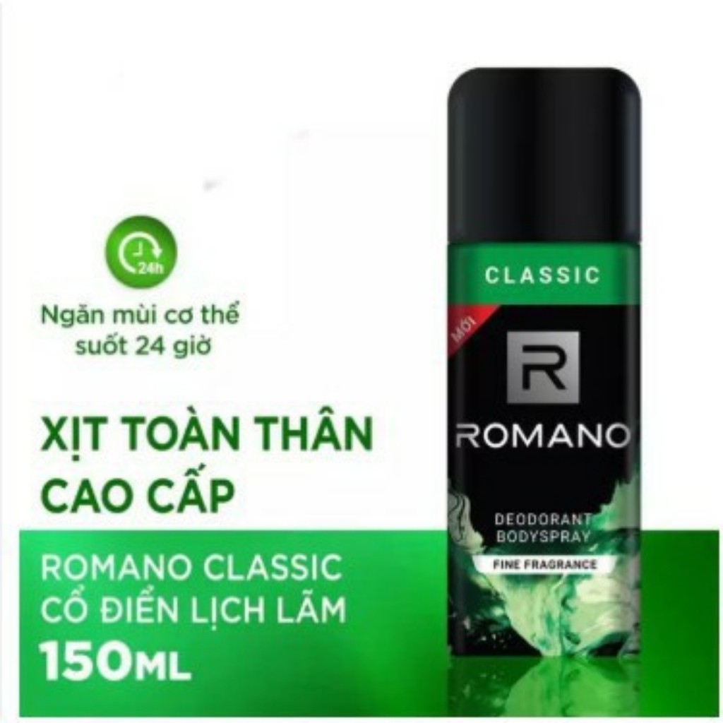 Xịt Khử Mùi ROMANO Giúp Ngăn Mồ Hôi, Diệt Khuẩn, Khô Thoáng Vượt Trội-150ml