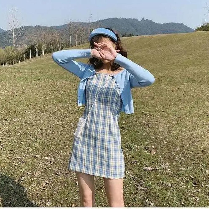 Bộ Áo Khoác Cardigan + Đầm Hai Dây Ôm Dáng Kẻ Sọc Caro Thời Trang Mùa Thu Cho Nữ