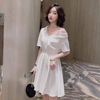 [VIDEO ẢNH THẬT] Đầm sơ mi lệch vai 2 màu trắng đen