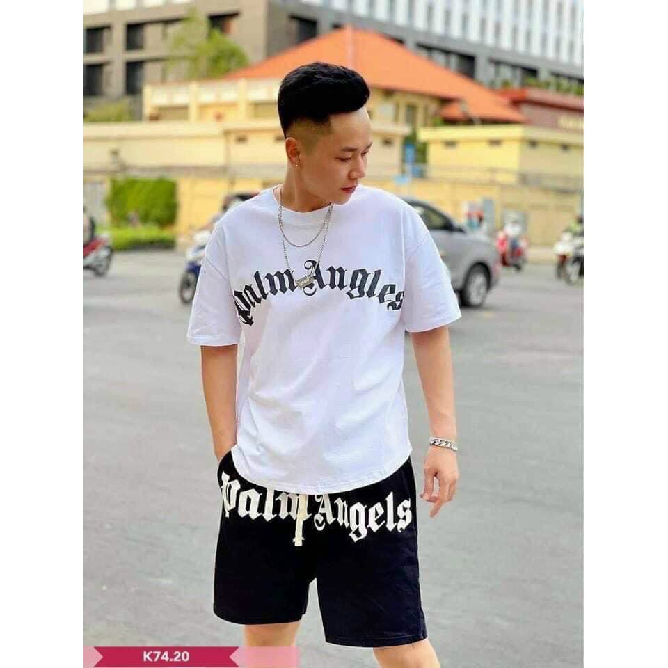 Bộ thể thao nam in chữ áo thun cổ tròn quần đùi ống rộng chất thun mềm mịn